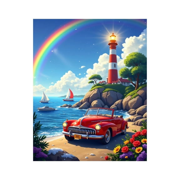 Paint By Numbers Kit for Adults Beginner - DIY Red Convertible Lighthouse Coast Canvas Painting Kits for Adults, Frameless Paint By Number for Adults for Home Wall Decor 16x20 Inch
