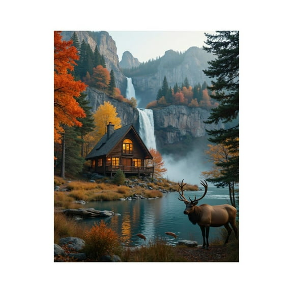 Paint By Numbers Kit for Adults Beginner - DIY Rustic Cabin Waterfall Autumn Scene Canvas Painting Kits for Adults, Frameless Paint By Number for Adults for Home Wall Decor 16x20 Inch