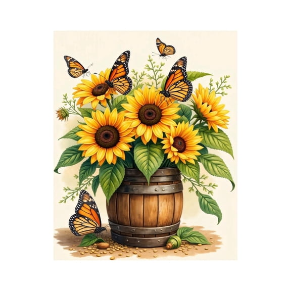 Paint By Numbers Kit for Adults Beginner - DIY Sunflowers Butterflies Rustic Barrel Canvas Painting Kits for Adults, Frameless Paint By Number for Adults for Home Wall Decor 16x20 Inch