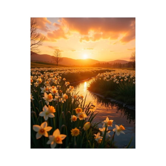 Paint By Numbers Kit for Adults Beginner - DIY Sunset Over Daffodil Field Stream Canvas Painting Kits for Adults, Frameless Paint By Number for Adults for Home Wall Decor 16x20 Inch