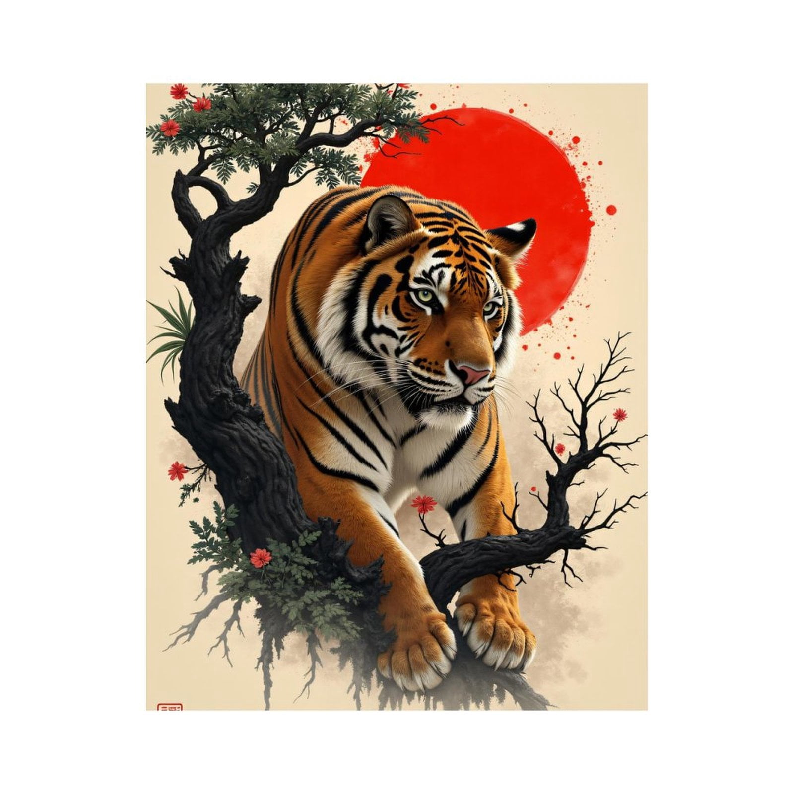 Paint By Numbers Kit for Adults Beginner - DIY Tiger Art Japanese Ink Sun Blossom Canvas Painting Kits for Adults, Frameless Paint By Number for Adults for Home Wall Decor 16x20 Inch
