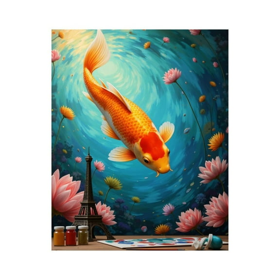 Paint By Numbers Kit for Adults Beginner - Fish Painting Lotus Eiffel Art Scene DIY Canvas Painting Kits for Adults, Frameless Paint By Number for Adults for Home Wall Decor 16x20 Inch