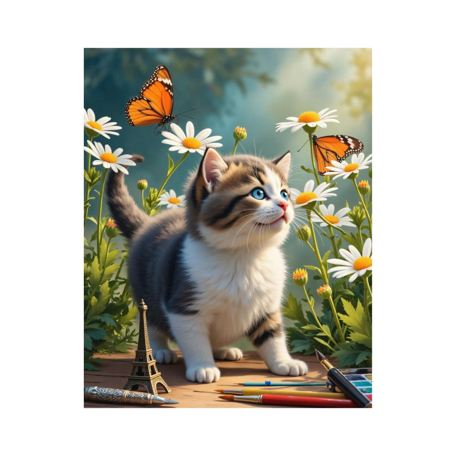 Paint By Numbers Kit for Adults Beginner - Kitten Butterfly Daisies Art Supplies DIY Canvas Painting Kits for Adults, Frameless Paint By Number for Adults for Home Wall Decor 16x20 Inch
