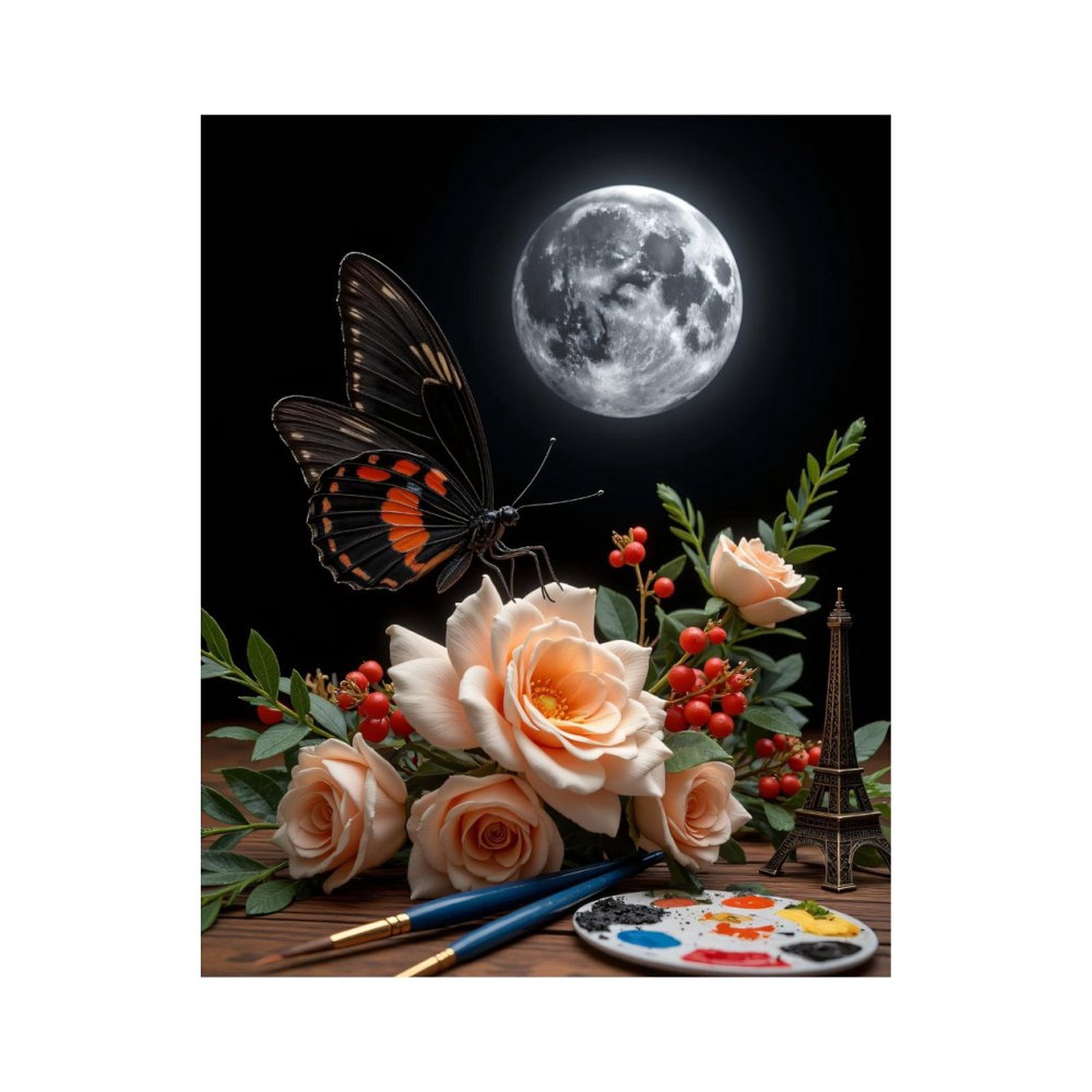 Paint By Numbers Kit for Adults Beginner - Moonlit Butterfly Rose Eiffel Art DIY Canvas Painting Kits for Adults, Frameless Paint By Number for Adults for Home Wall Decor 16x20 Inch