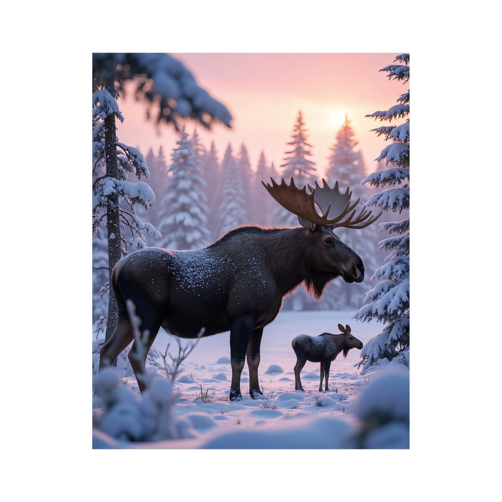 Paint By Numbers Kit for Adults Beginner - Moose Calf Winter Sunrise Snowy Forest DIY Canvas Painting Kits for Adults, Frameless Paint By Number for Adults for Home Wall Decor 16x20 Inch