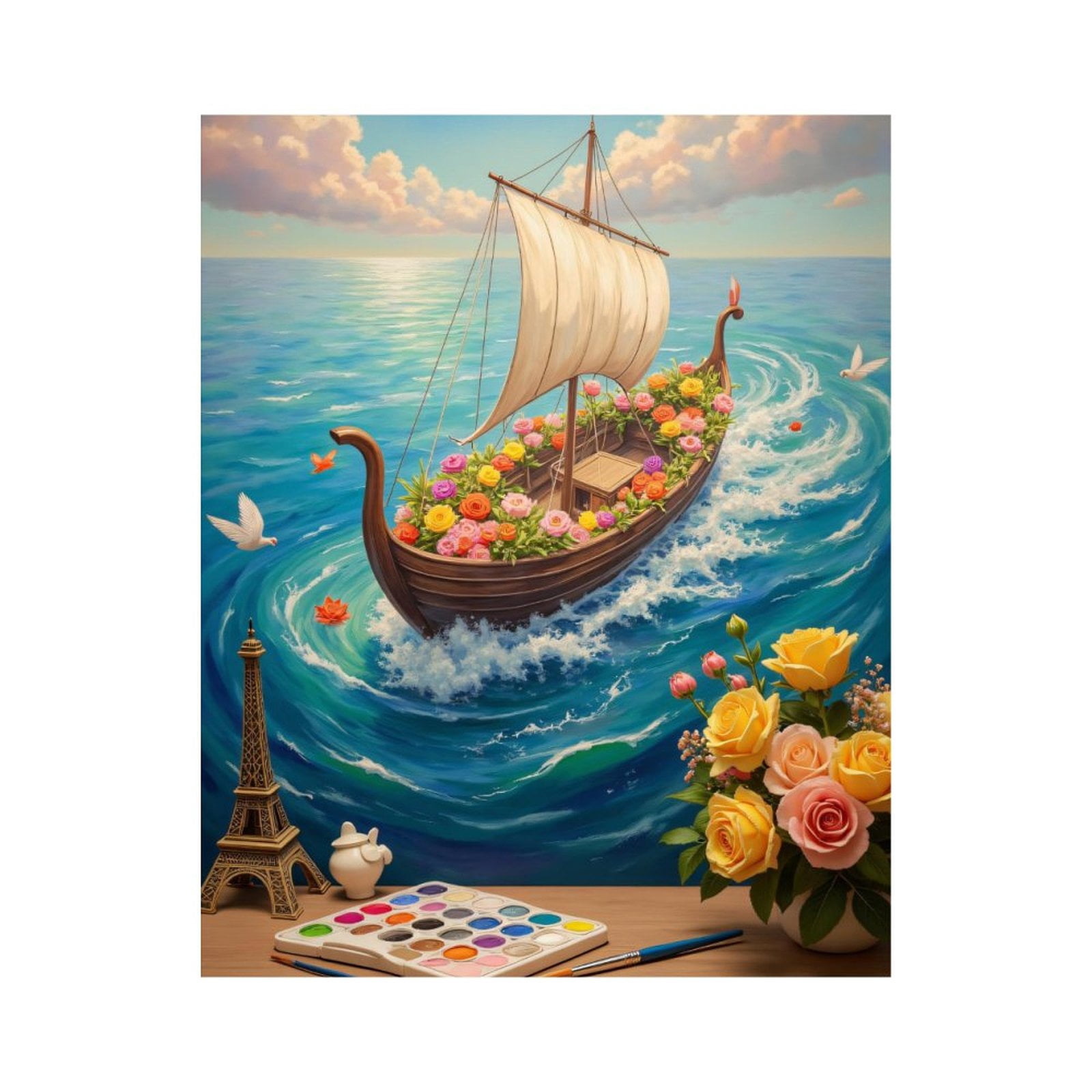 Paint By Numbers Kit for Adults Beginner - Sailboat Flowers Art Palette Waves DIY Canvas Painting Kits for Adults, Frameless Paint By Number for Adults for Home Wall Decor 16x20 Inch