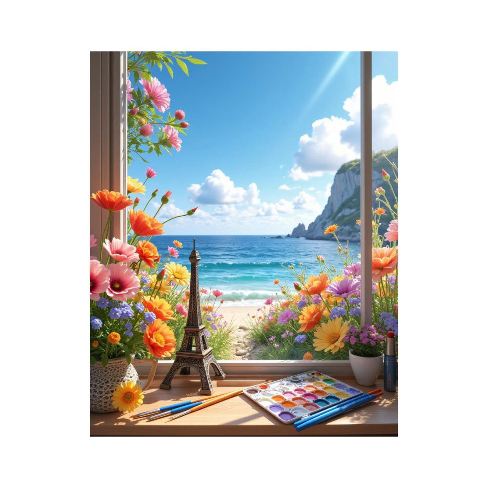 Paint By Numbers Kit for Adults Beginner - Seaside Art Flowers Eiffel Scenery DIY Canvas Painting Kits for Adults, Frameless Paint By Number for Adults for Home Wall Decor 16x20 Inch