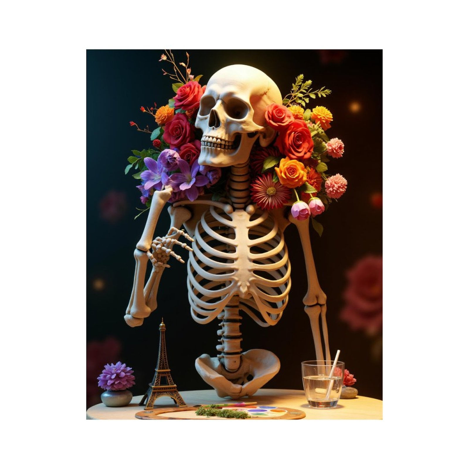 Paint By Numbers Kit for Adults Beginner - Skeleton Floral Arrangement Art Paris Eiffel DIY Canvas Painting Kits for Adults, Frameless Paint By Number for Adults for Home Wall Decor 16x20 Inch