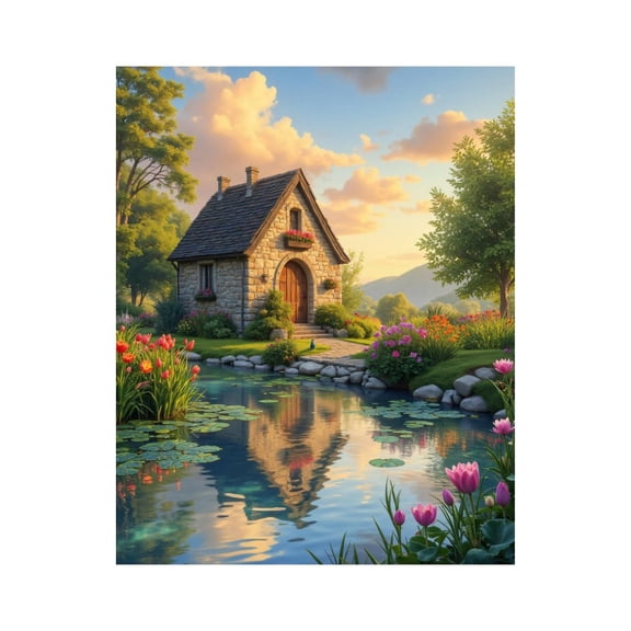 Paint By Numbers Kit for Adults Beginner - Stone Cottage By Lily Pond DIY Canvas Painting Kits for Adults, Frameless Paint By Number for Adults for Home Wall Decor 16x20 Inch