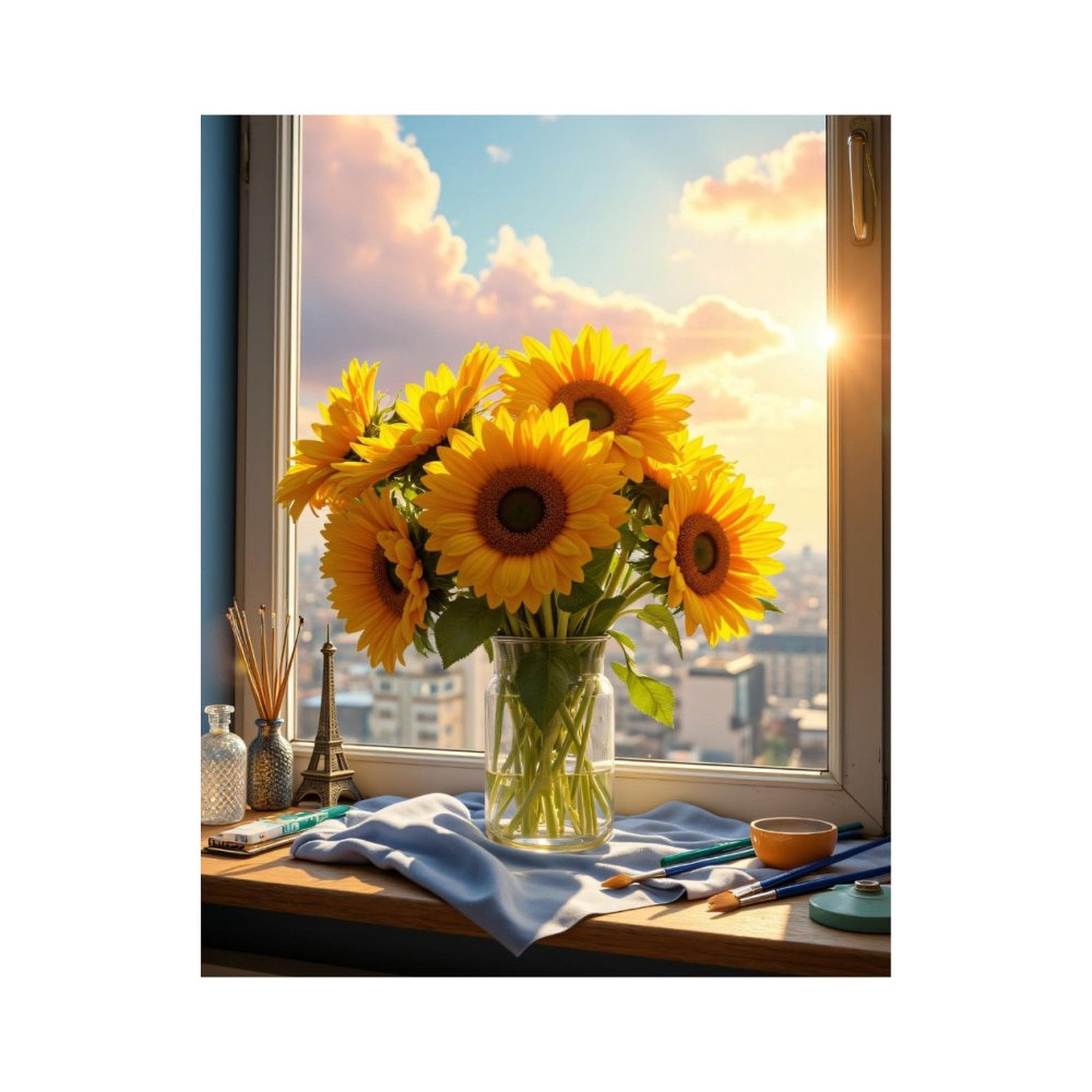Paint By Numbers Kit for Adults Beginner - Sunflowers Window Cityscape Art Supplies DIY Canvas Painting Kits for Adults, Frameless Paint By Number for Adults for Home Wall Decor 16x20 Inch