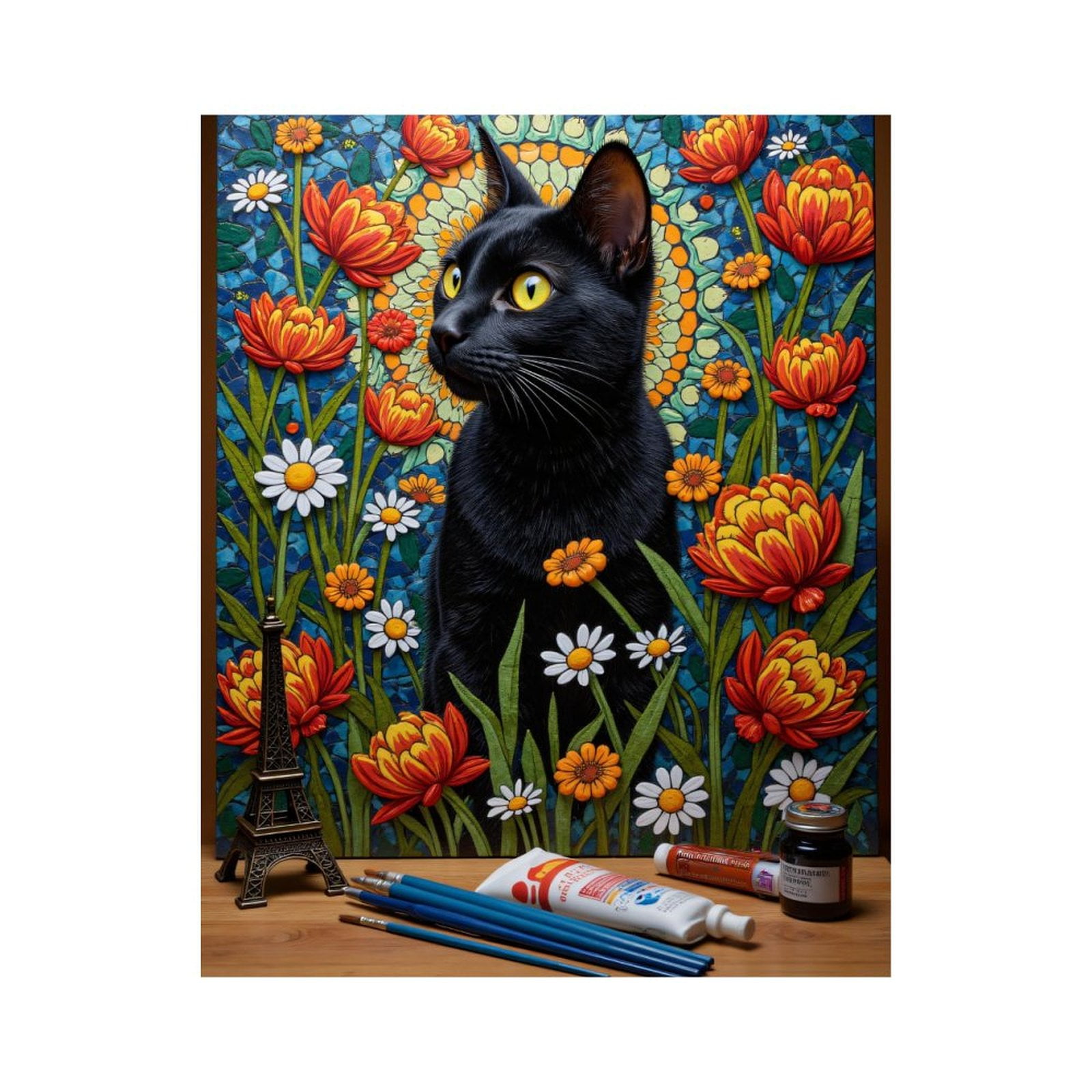 Paint by Numbers Kit for Adults, Black Cat Floral Art Painting Paint by