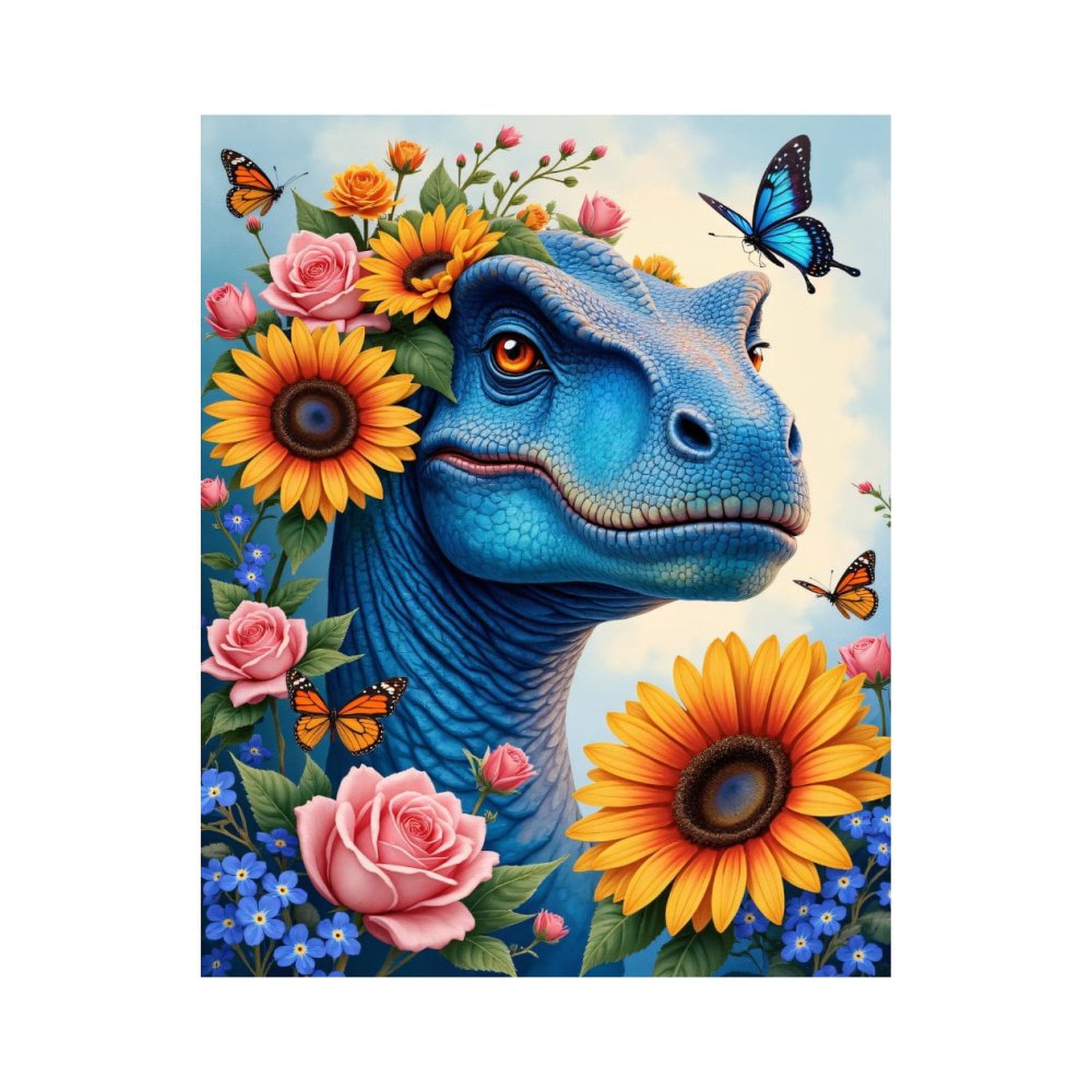 Paint by Numbers Kit for Adults, Blue Dinosaur Floral Butterflies Paint by Numbers, Easy Paint by Numbers Kit for Adults Beginner, DIY Adult Paint by Number Kits on Canvas, Home Decor 12x16in