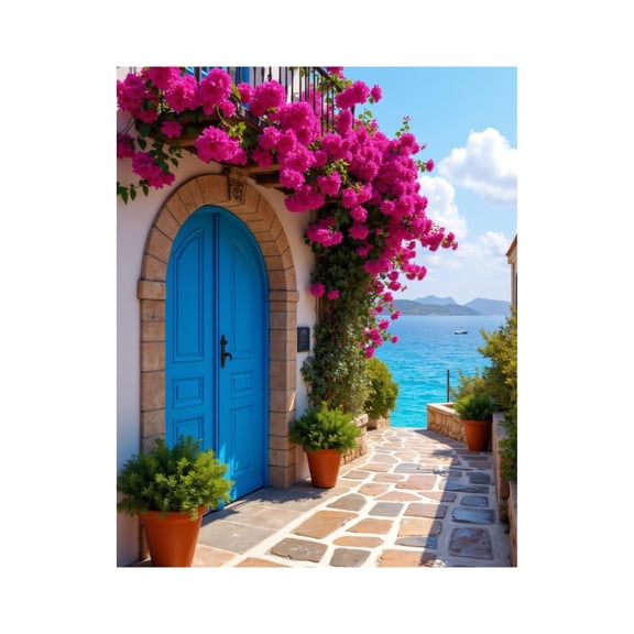Paint by Numbers Kit for Adults, Blue Door Pink Flowers Seascape Paint by Numbers, Easy Paint by Numbers Kit for Adults Beginner, DIY Adult Paint by Number Kits on Canvas, Home Decor