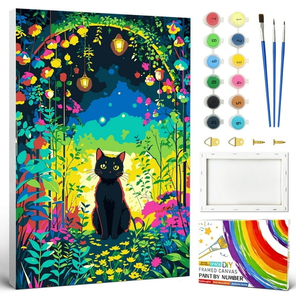 QUITEDEW Paint by Number Kits for Adults,Black Cat Oil Painting with Frame,Relaxing Craft Projects for Beginners,Gift and Wall Decor 8x12Inch