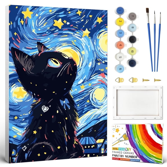 QUITEDEW Cat Paint by Numbers Kits for Adults,Starry Night Oil Painting on Canvas with Frame,Gift and Decor 8x12 Inch