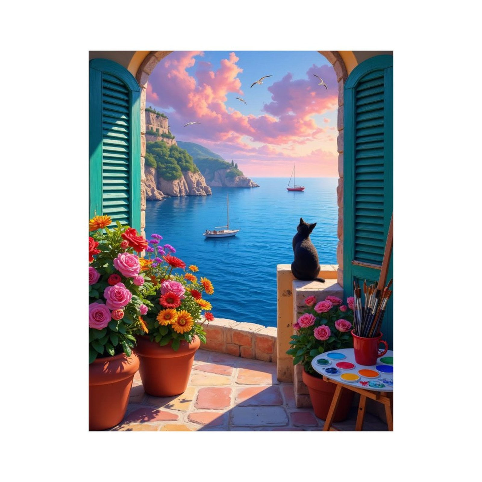 Paint by Numbers Kit for Adults, Cat Seaside View Painting Paradise Paint by Numbers, Easy Paint by Numbers Kit for Adults Beginner, DIY Adult Paint by Number Kits on Canvas, Home Decor