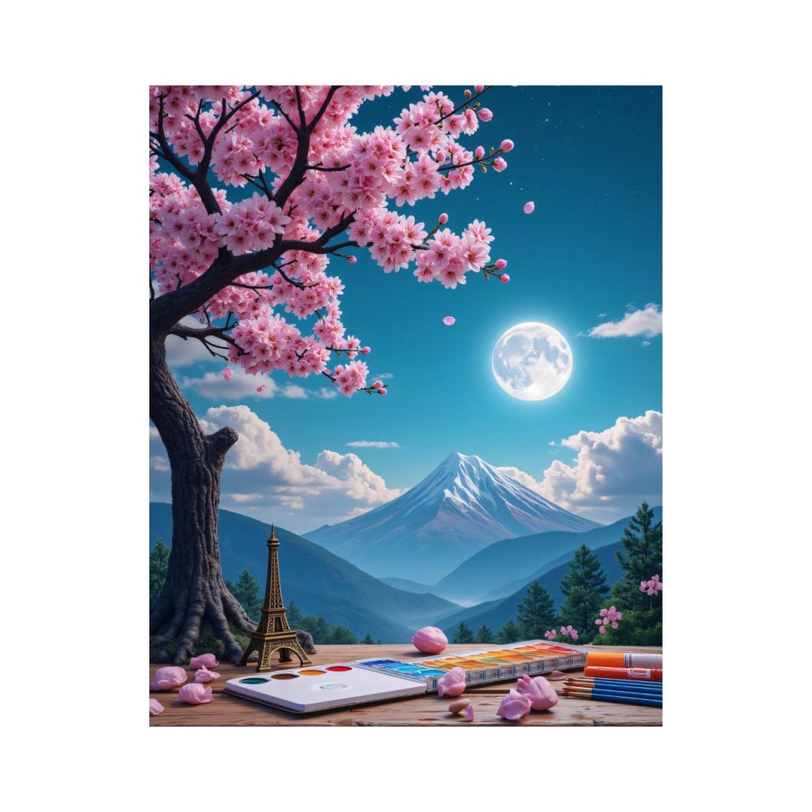Paint by Numbers Kit for Adults, Cherry Blossom Moonlit Mountain Scene ...