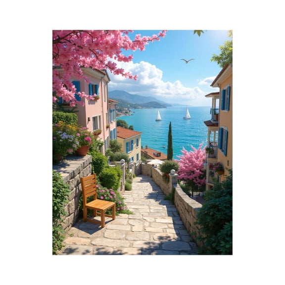 Paint by Numbers Kit for Adults, Coastal Village Blossoms Blue Seascape Paint by Numbers, Easy Paint by Numbers Kit for Adults Beginner, DIY Adult Paint by Number Kits on Canvas, 12x16in Home Decor