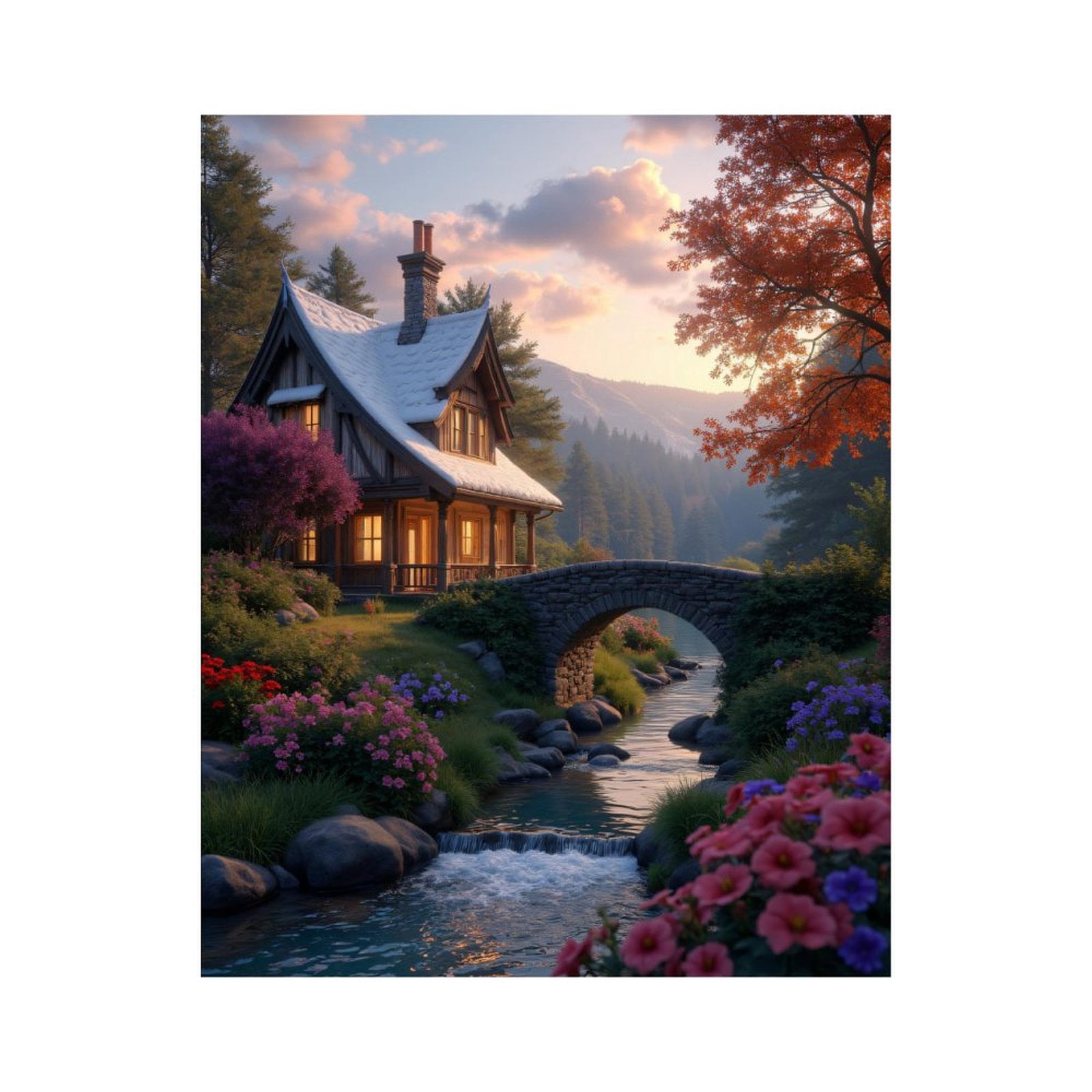 Paint by Numbers Kit for Adults, Cottage River Bridge Autumn Blossoms ...
