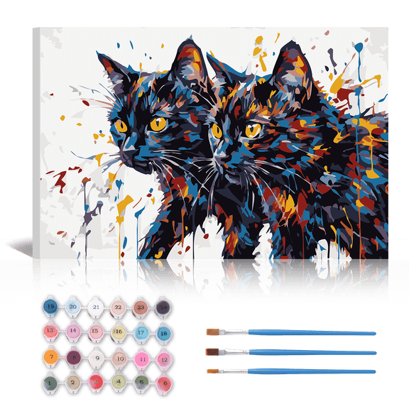 Paint by Numbers Kit for Adults - DIY Framed Canvas Funny Cat Oil Paintings Abstract Animal Ink-Splashed Art Painting Kits for Beginners Family Friends Craft Artwork Home Wall Decor