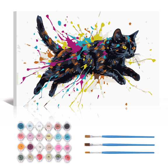 Paint by Numbers Kit for Adults - DIY Framed Canvas Funny Cat Oil Paintings Abstract Animal Ink-Splashed Art Painting Kits for Beginners Family Friends Craft Artwork Home Wall Decor