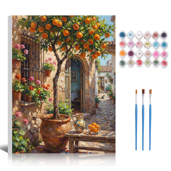 Paint by Numbers Kit Adults - Framed Village Citrus Tree DIY Oil Paintings Rural Countryside Landscape Canvas Art Painting Kits for Beginners Family Friends Holiday Craft Artwork Home Wall Decor