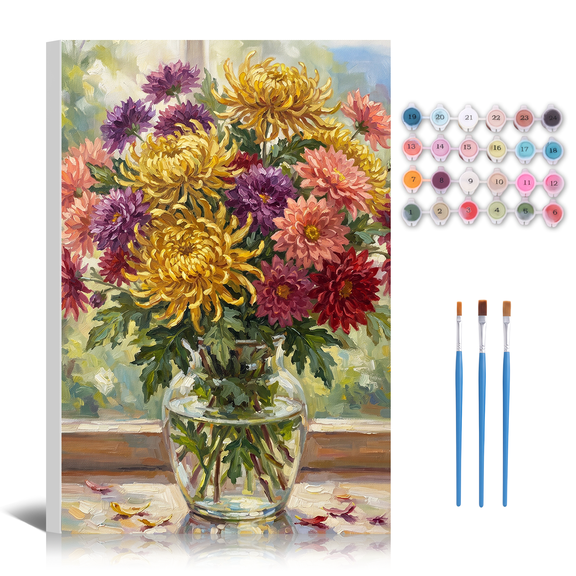 Paint by Numbers Kit Adults - Framed Window Aster Vase DIY Oil Paintings Colorful Floral Canvas Art Painting Kits for Beginners Family Friends Holiday Craft Artwork Home Wall Decor