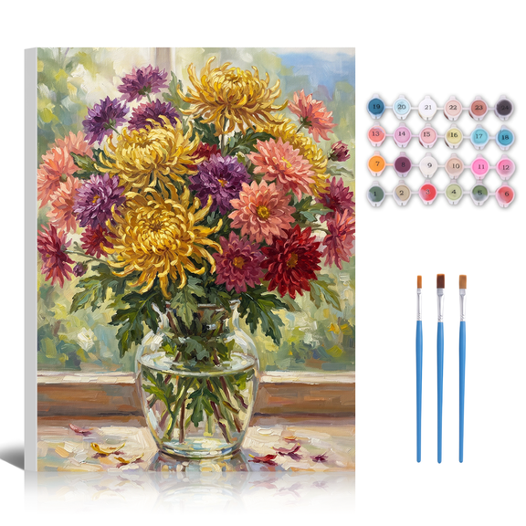 Paint by Numbers Kit Adults - Framed Window Aster Vase DIY Oil Paintings Colorful Floral Canvas Art Painting Kits for Beginners Family Friends Holiday Craft Artwork Home Wall Decor