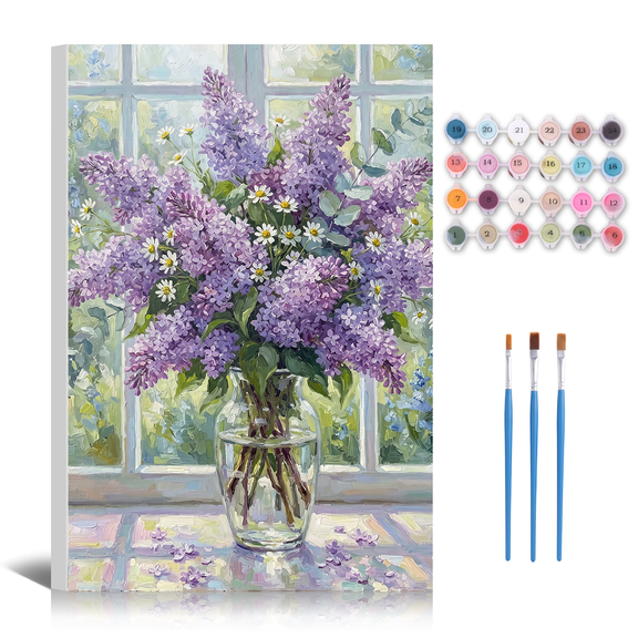 Paint by Numbers Kit Adults - Framed Window Lilac Vase DIY Oil Paintings Purple Floral Canvas Art Painting Kits for Beginners Family Friends Holiday Craft Artwork Home Wall Decor