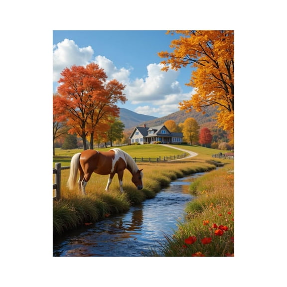 Paint by Numbers Kit for Adults, Horse Autumn Landscape Creek House Paint by Numbers, Easy Paint by Numbers Kit for Adults Beginner, DIY Adult Paint by Number Kits on Canvas, Home Decor
