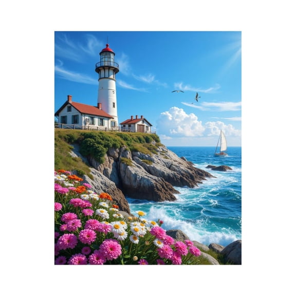 Paint by Numbers Kit for Adults, Lighthouse Ocean Flowers Cliff Sailboat Paint by Numbers, Easy Paint by Numbers Kit for Adults Beginner, DIY Adult Paint by Number Kits on Canvas, 12x16in Home Decor