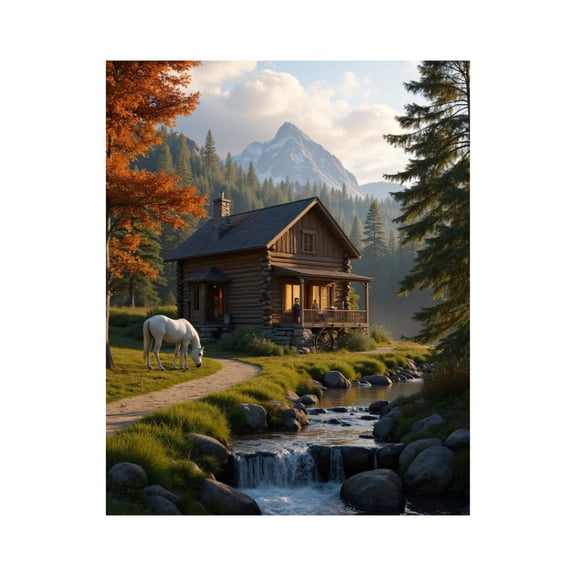 Paint by Numbers Kit for Adults, Log Cabin Mountain Stream Horse Paint by Numbers, Easy Paint by Numbers Kit for Adults Beginner, DIY Adult Paint by Number Kits on Canvas, Home Decor