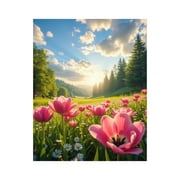 Paint by Numbers Kit for Adults, Pink Tulips Spring Meadow Sunrise Paint by Numbers, Easy Paint by Numbers Kit for Adults Beginner, DIY Adult Paint by Number Kits on Canvas, 12x16in Home Decor