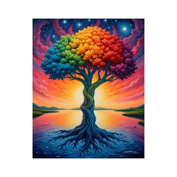 Paint by Numbers Kit for Adults, Rainbow Tree Sunset Reflection Paint by Numbers, Easy Paint by Numbers Kit for Adults Beginner, DIY Adult Paint by Number Kits on Canvas, Home Decor