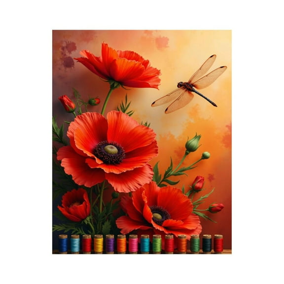Paint by Numbers Kit for Adults, Red Poppies Dragonfly Threads Paint by Numbers, Easy Paint by Numbers Kit for Adults Beginner, DIY Adult Paint by Number Kits on Canvas, Home Decor