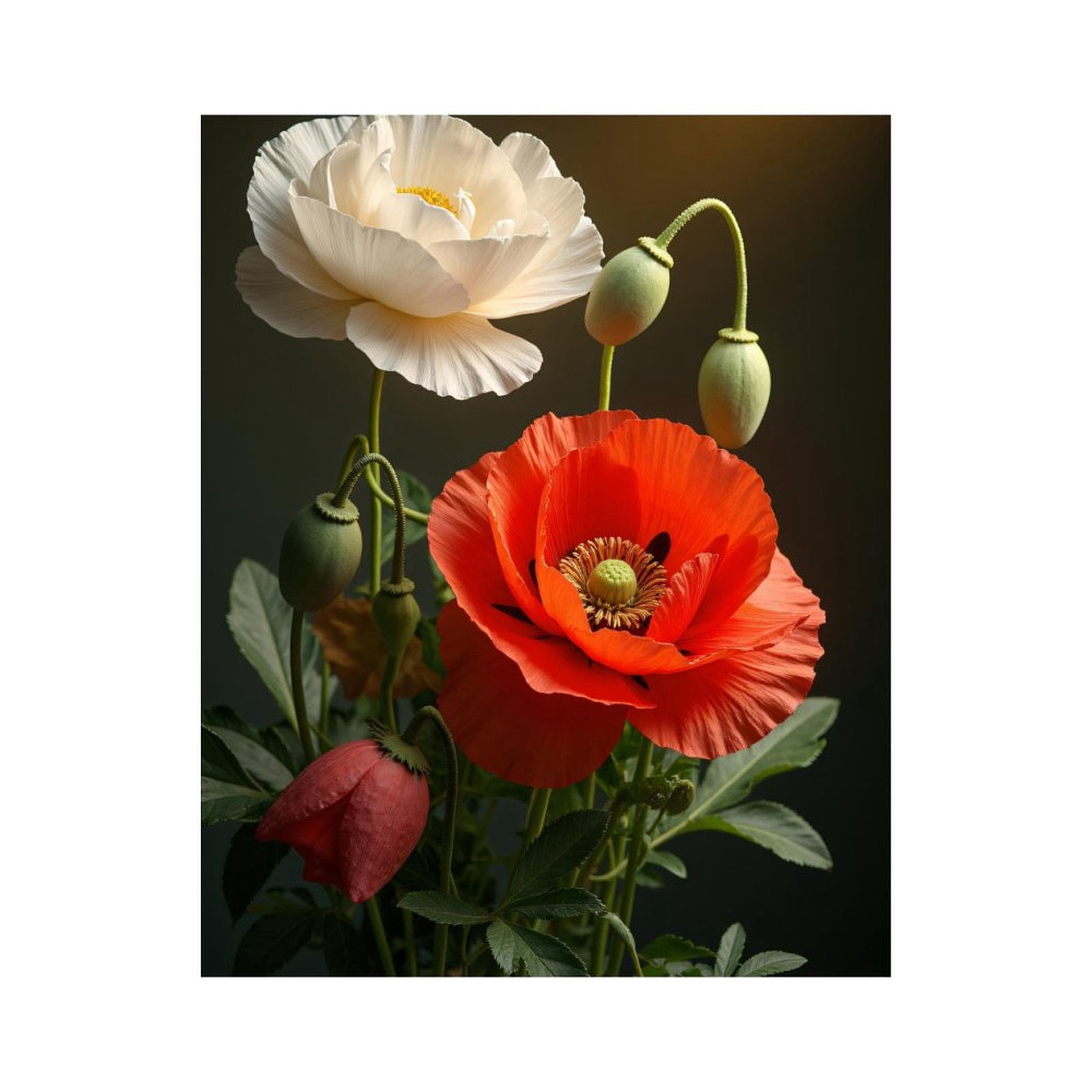 Paint by Numbers Kit for Adults, Red White Poppies Green Buds Paint by Numbers, Easy Paint by Numbers Kit for Adults Beginner, DIY Adult Paint by Number Kits on Canvas, Home Decor