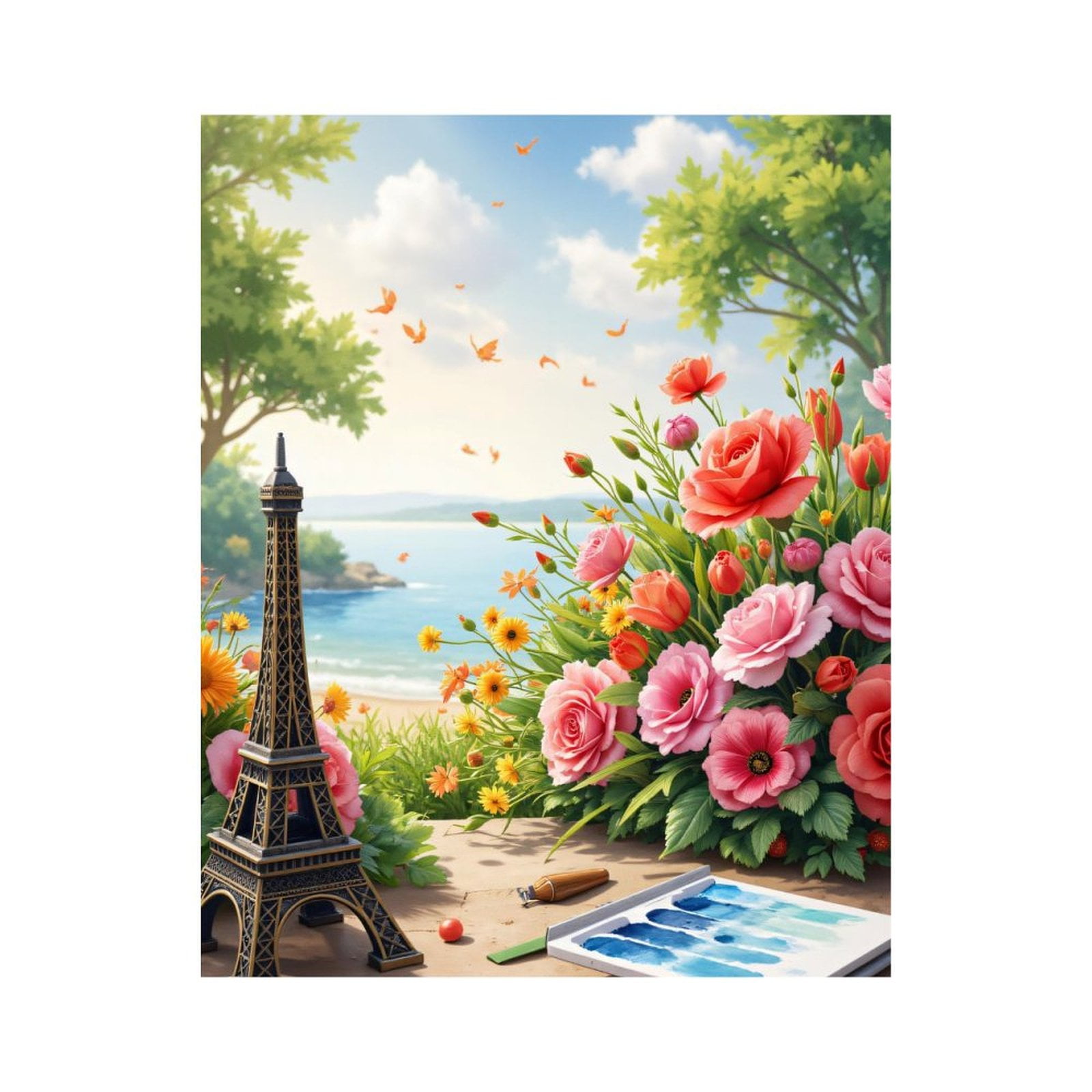 Paint by Numbers Kit for Adults, Roses Seaside Art Miniature Eiffel Paint by Numbers, Easy Paint by Numbers Kit for Adults Beginner, DIY Adult Paint by Number Kits on Canvas, Home Decor