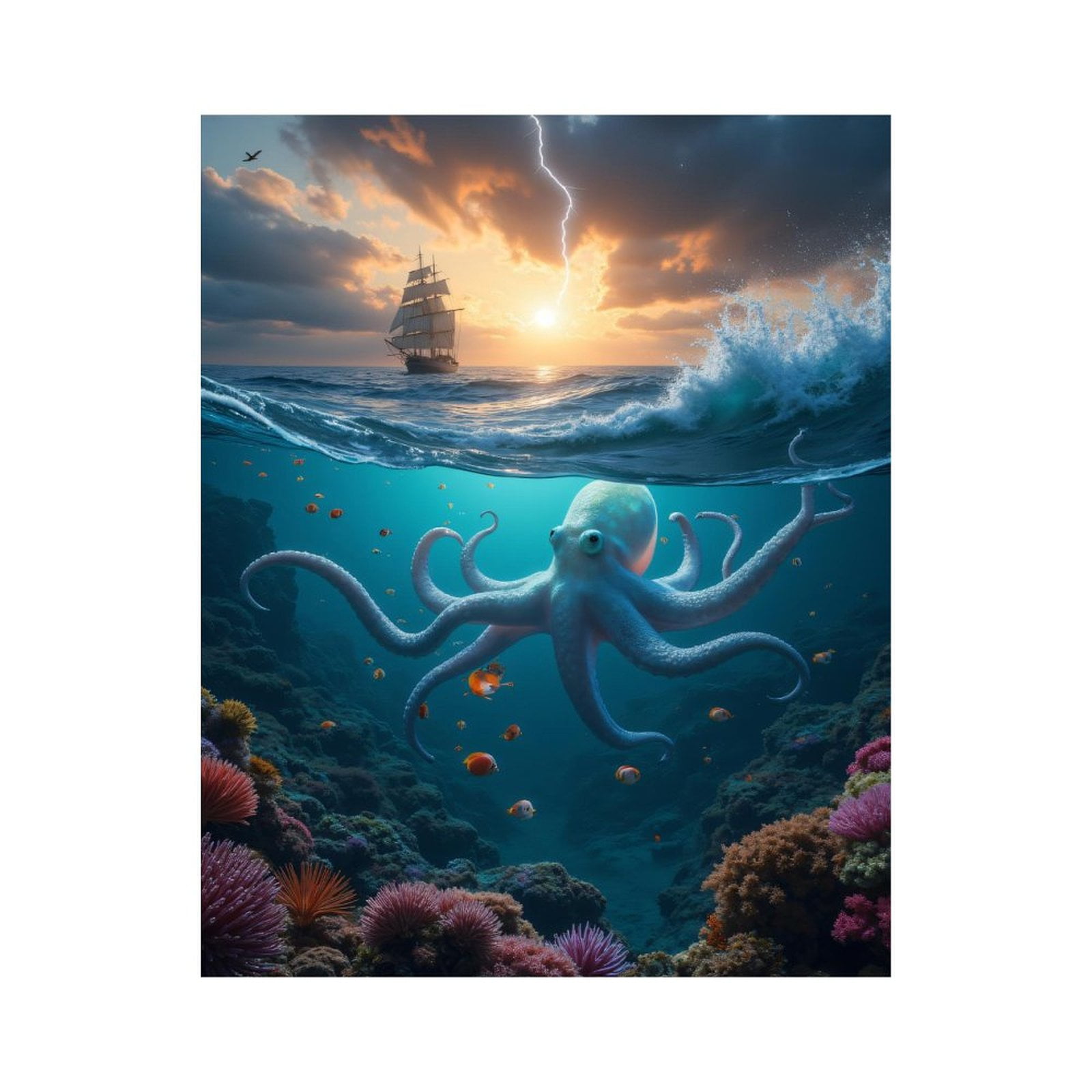 Paint by Numbers Kit for Adults, Seascape Octopus Sailboat Lightning Paint by Numbers, Easy Paint by Numbers Kit for Adults Beginner, DIY Adult Paint by Number Kits on Canvas, Home Decor