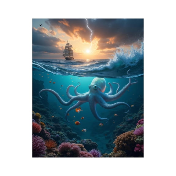 Paint by Numbers Kit for Adults, Seascape Octopus Sailboat Lightning Paint by Numbers, Easy Paint by Numbers Kit for Adults Beginner, DIY Adult Paint by Number Kits on Canvas, Home Decor