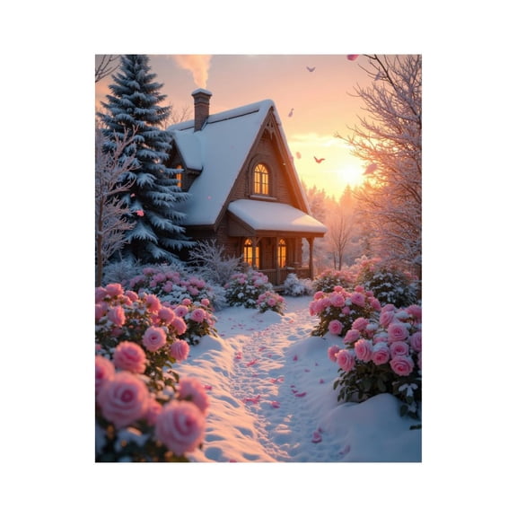 Paint by Numbers Kit for Adults, Snowy Cottage Garden Sunset Roses Paint by Numbers, Easy Paint by Numbers Kit for Adults Beginner, DIY Adult Paint by Number Kits on Canvas, Home Decor