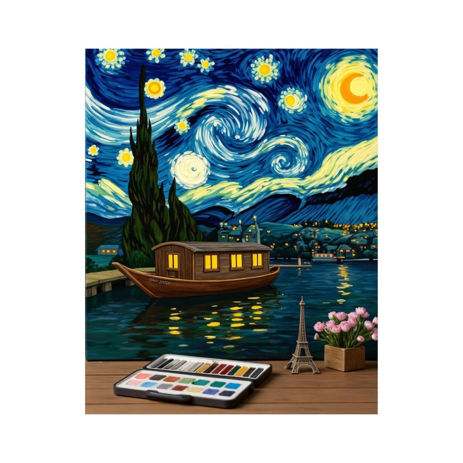 Paint by Numbers Kit for Adults, Starry Night Boat Painting Art Palette ...