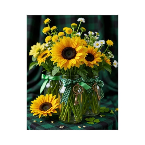 Paint by Numbers Kit for Adults, Sunflowers Green Ribbon Keys Jars Paint by Numbers, Easy Paint by Numbers Kit for Adults Beginner, DIY Adult Paint by Number Kits on Canvas, Home Decor