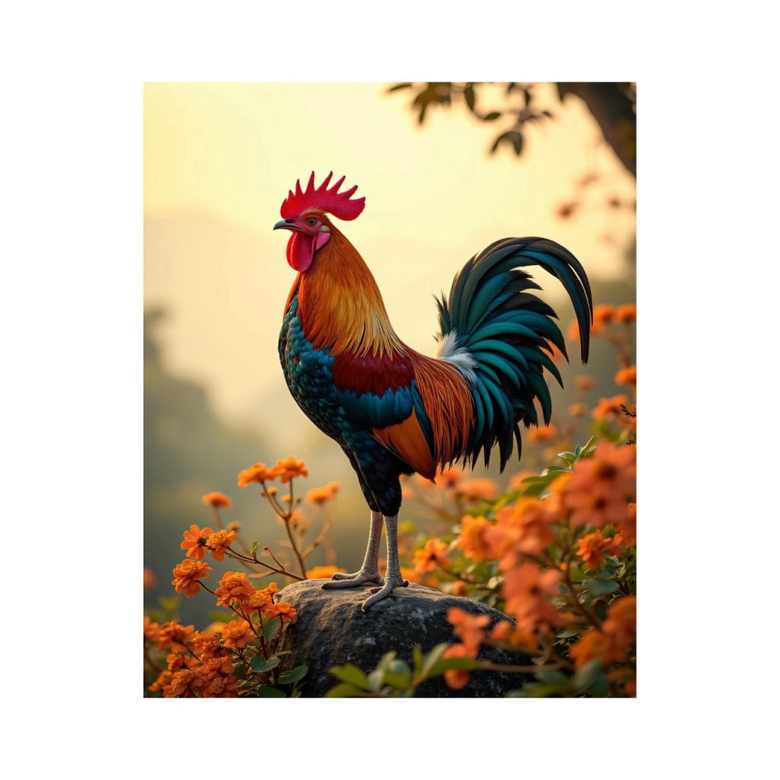 Paint by Numbers Kit for Adults, Sunrise Rooster On Rock Flowers Paint by Numbers, Easy Paint by Numbers Kit for Adults Beginner, DIY Adult Paint by Number Kits on Canvas, Home Decor 12x16in