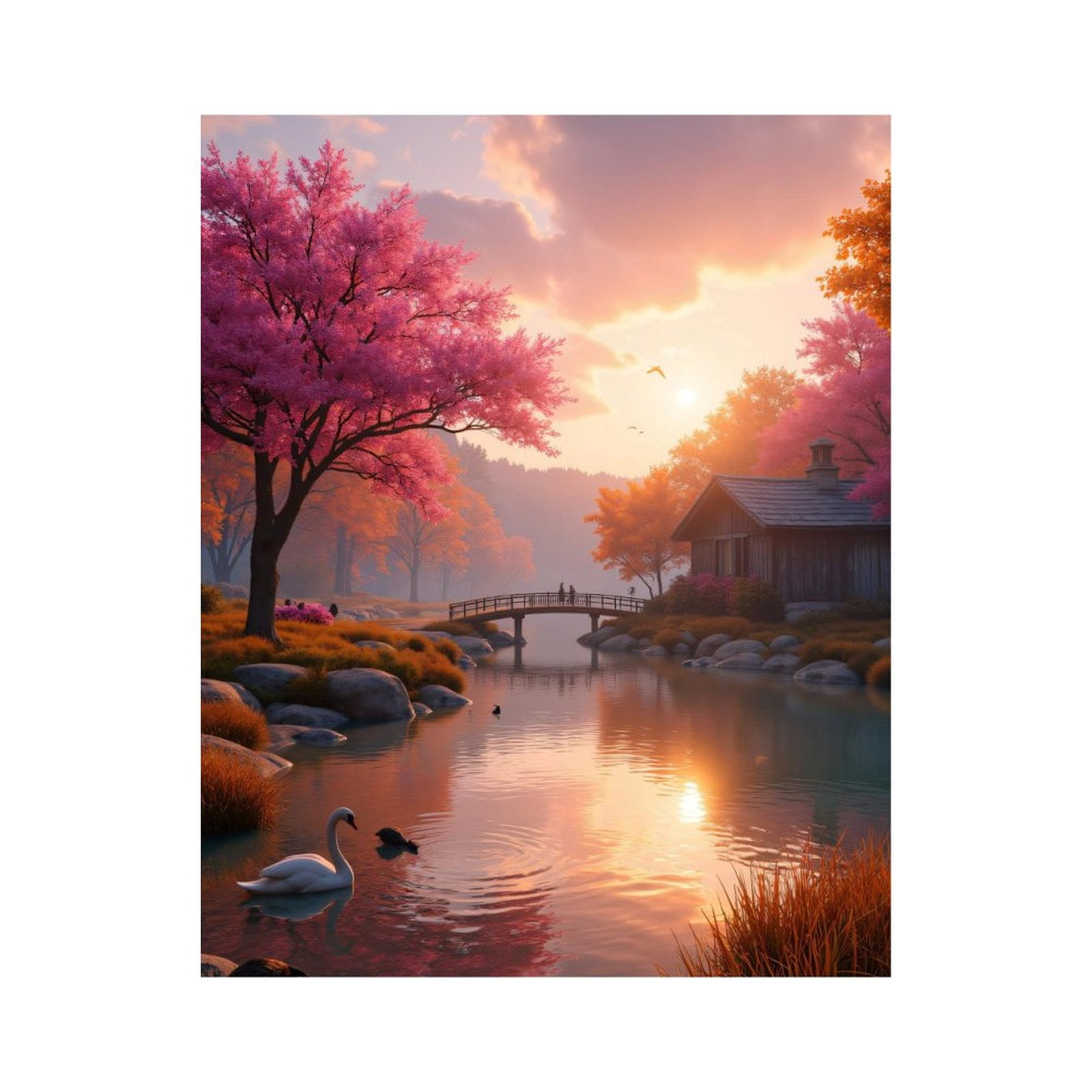 Paint by Numbers Kit for Adults, Sunset Bridge Blossom Lake Reflection ...