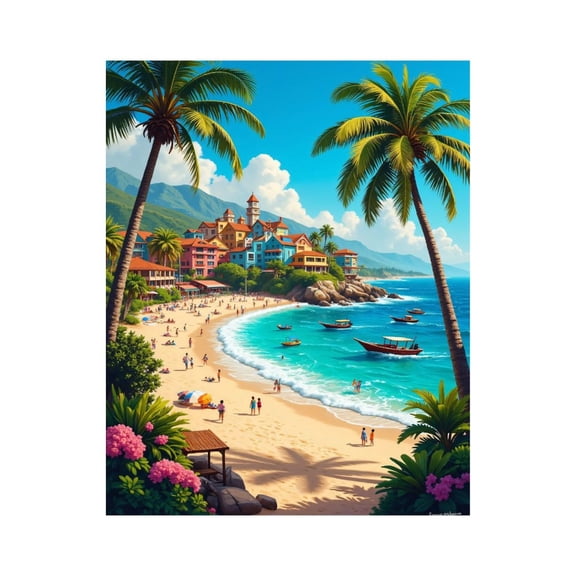 Paint by Numbers Kit for Adults, Tropical Beach Vibrant Houses Boats Paint by Numbers, Easy Paint by Numbers Kit for Adults Beginner, DIY Adult Paint by Number Kits on Canvas, 12x16in Home Decor