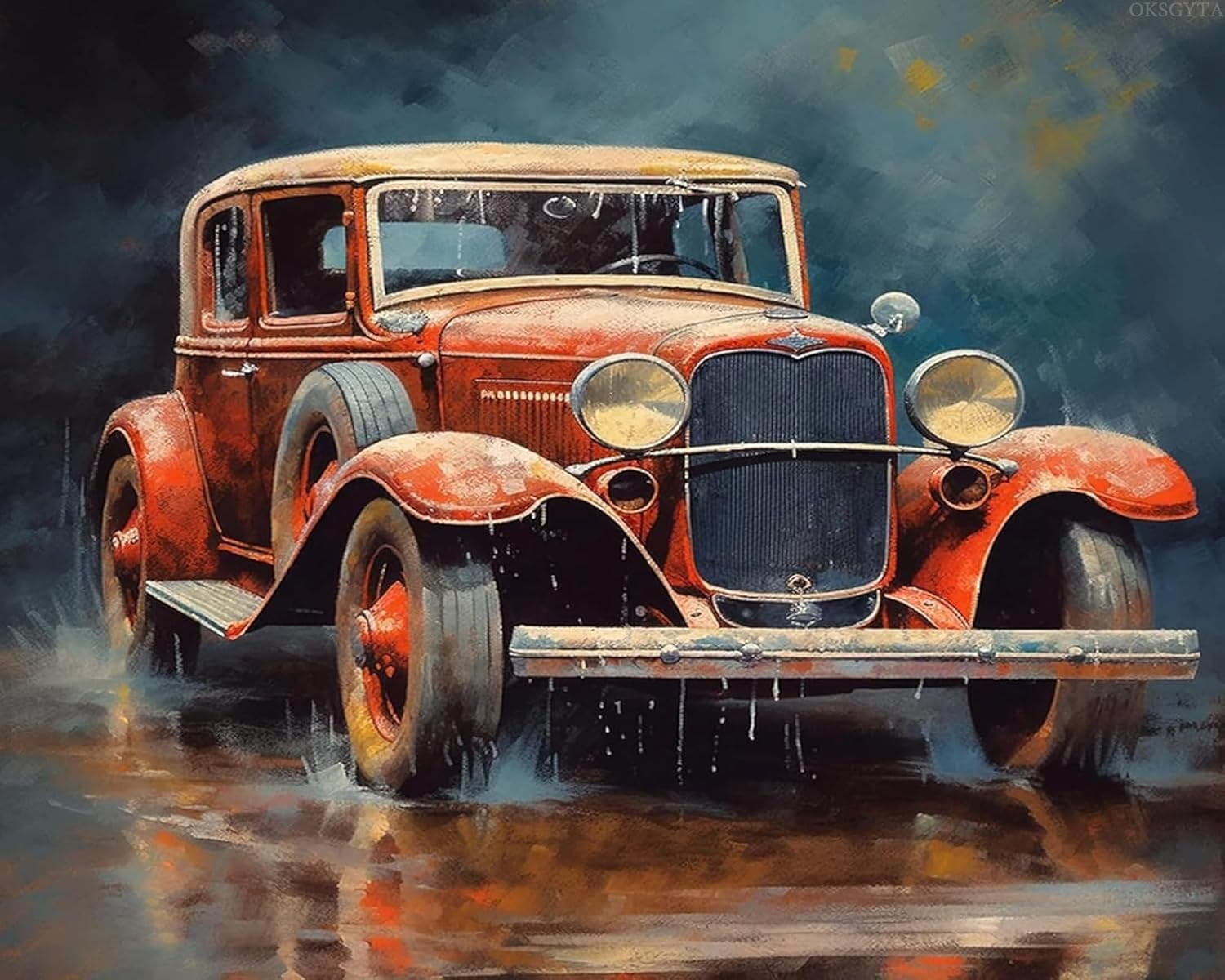 Paint by Numbers Retro Car Trucks Pickup Classic Cars DIY Canvas Oil Painting Kit Adults Beginner, Pre-Printed Canvas Arts Craft for Home Wall,1 Color