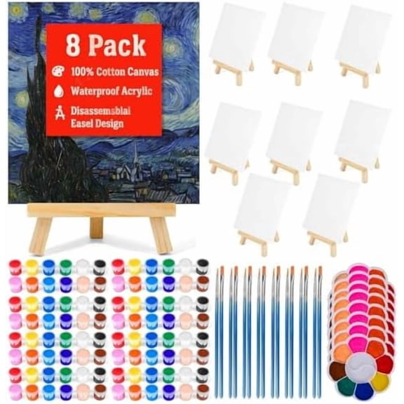 Paint Party Kit for Adults & Kids  8-Pack All-in-One Sip & Paint Set with Easels, Brushes, Acrylic Paints & 100% Cotton Canvas Boards  Perfect for Paint Nights, Group Events & Gifts$$Art & Craft