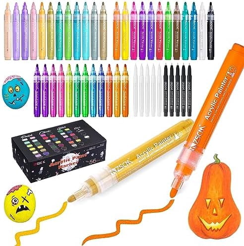 Paint Pens Acrylic Markers, ZSCM 56 Colors Paint Markers for Halloween Pumpkin Painting, Metallic Art Marker, for Adults Card Making, Rocks Painting, Wood Slices$$Art & Craft