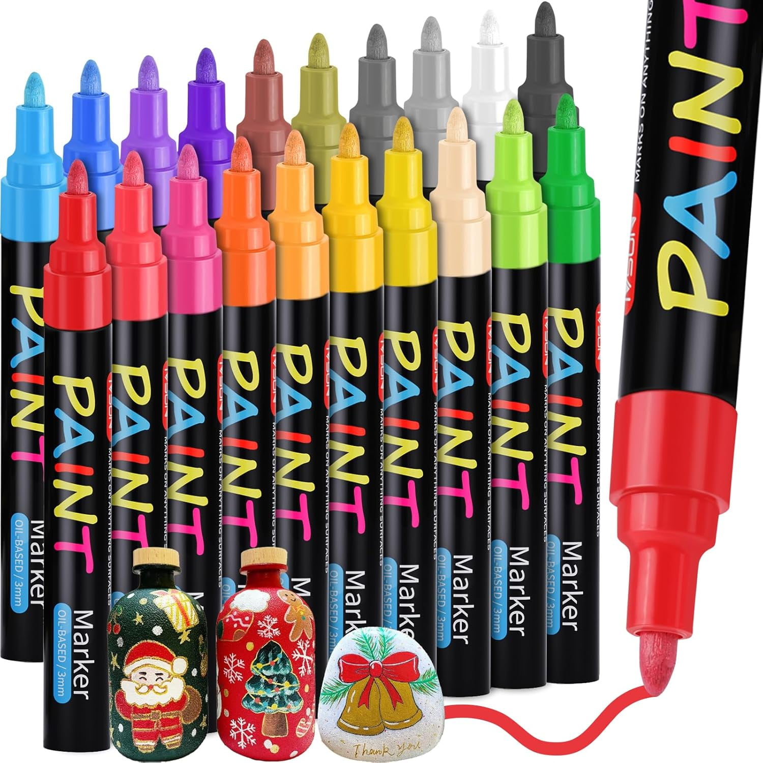 Paint Pens Paint Markers, 20 Colors Oil-Based Waterproof Marker Pen Set, Never Fade Quick Dry and Permanent, Works on Rocks Painting, Wood, Fabric, Plastic, Canvas, Glass, Mugs