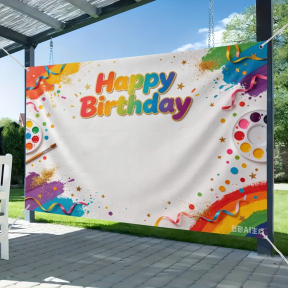 Paint Rainbow Happy Birthday Backdrop Art Party Colorful Confetti Graffiti Wall Gold Glitter Splatter Decoration Photography Background Banner for Kids Photo Booth Props (3) 51*59IN